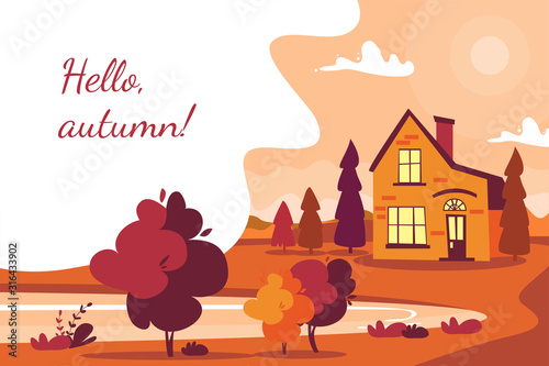autumn landscape with a house by a pond in the forest. Illustration in flat style