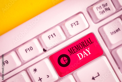 Text sign showing Memorial Day. Business photo showcasing remembering the military demonstratingnel who died in service White pc keyboard with empty note paper above white background key copy space photo