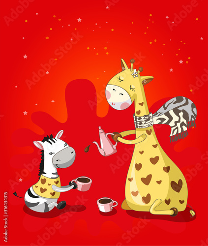 giraffe and Zebra drink coffee