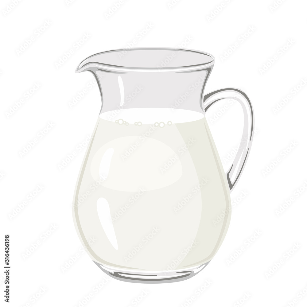 Glass jug of milk Isolated on white background. Vector illustration of dairy product in cartoon flat style. Glass jug of milk Isolated on white background. Vector illustration of dairy product in cartoon flat style.
