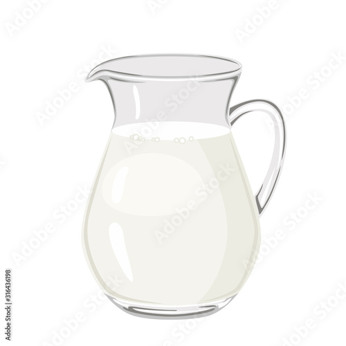 Glass jug of milk Isolated on white background. Vector illustration of dairy product in cartoon flat style.