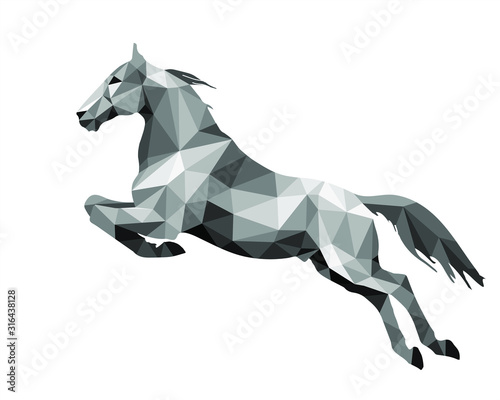 prancing horse, isolated image on a white background in the style of low poly and lettering