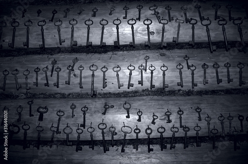 wall with vintage keys on wooden bars photo