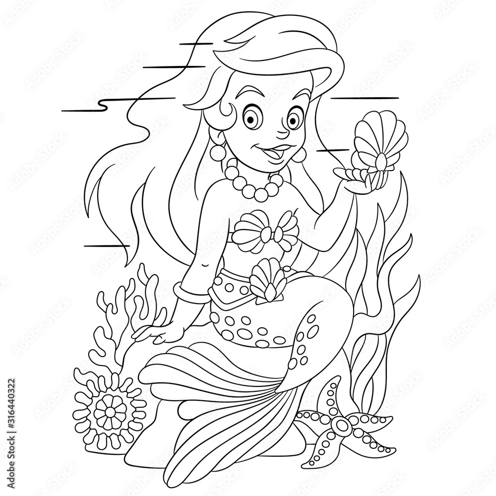 coloring page with cute lovely mermaid