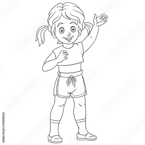 coloring page with happy girl waving hand