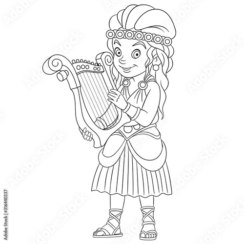coloring page with girl playing harp