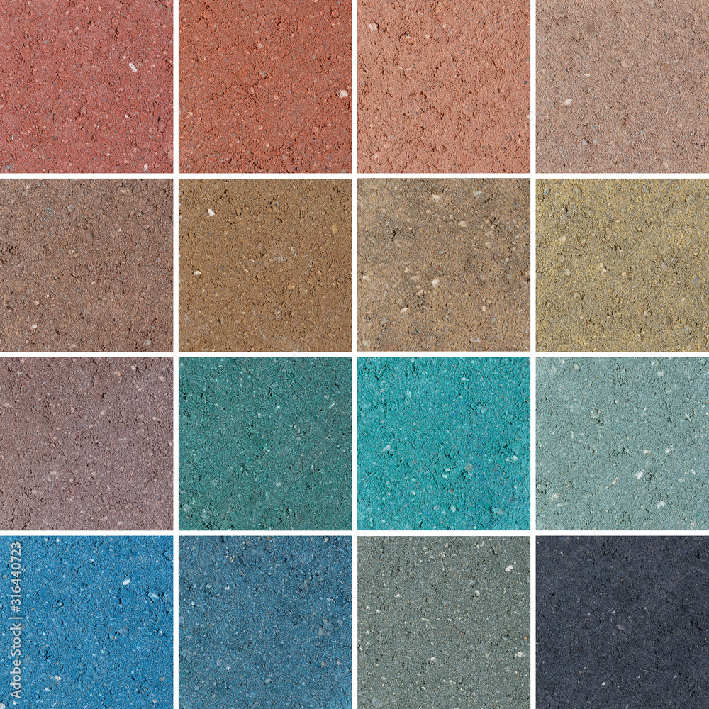 A set of samples of concrete coatings made of colored cement. Pigment added when mixed.