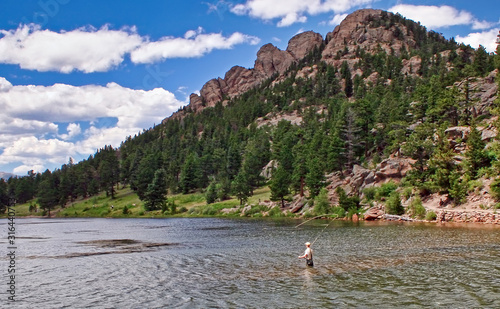 Fly fisherman in Lily Lake, Rocky Mountain National Park, Colorado photo