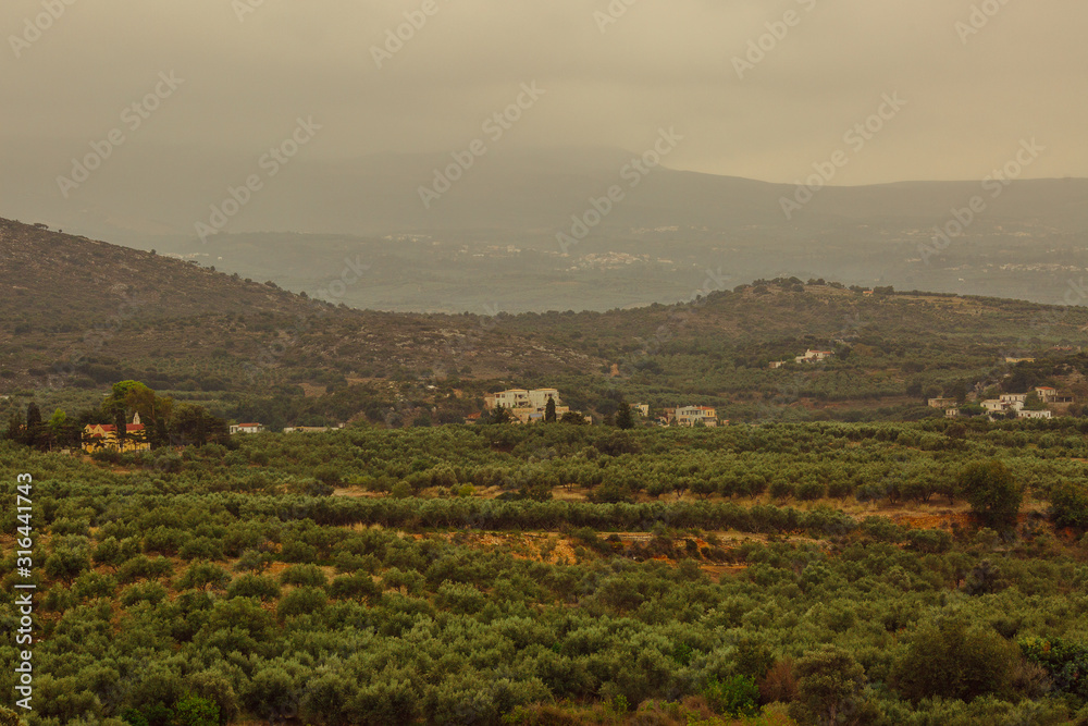 Greece hills landscape with small town