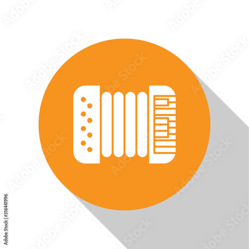 White Musical instrument accordion icon isolated on white background. Classical bayan, harmonic. Orange circle button. Vector Illustration