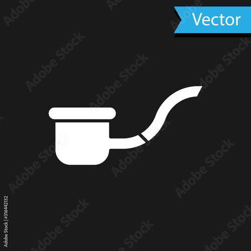 White Smoking pipe with smoke icon isolated on black background. Tobacco pipe. Vector Illustration