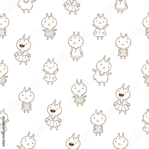 Vector seamless pattern with cute cartoon rabbits in dresses on a white background. Funny animals. Children's illustration.