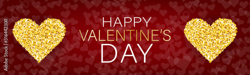 Valentines Day banner background. Love design concept with golden glitter hearts. Romantic website header or sale offer promo. Vector illustration.