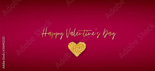 Valentines Day banner background. Simple design with gilden glitter heart. Vector illustration.