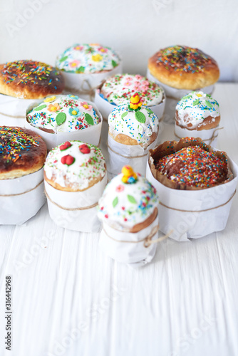 Easter cakes on a white wooden background