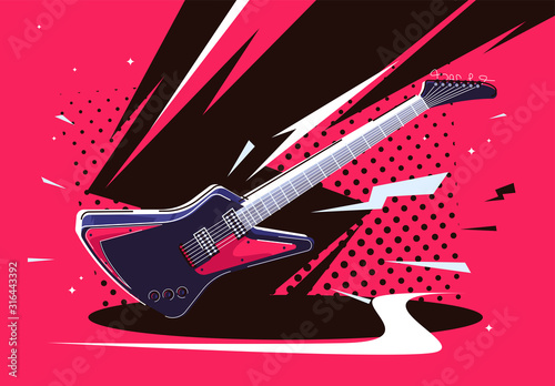 Vector illustration of a stylish electric guitar, dynamic background