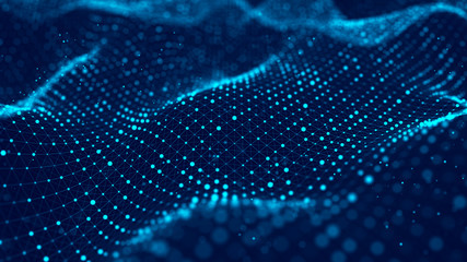 Wave of particles. Abstract blue background with a dynamic wave. Big data visualization. 3d rendering.