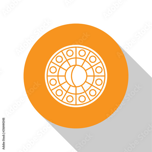 White Astrology horoscope circle with zodiac icon isolated on white background. Orange circle button. Vector Illustration