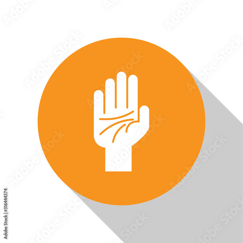 White Palmistry of the hand icon isolated on white background. Orange circle button. Vector Illustration