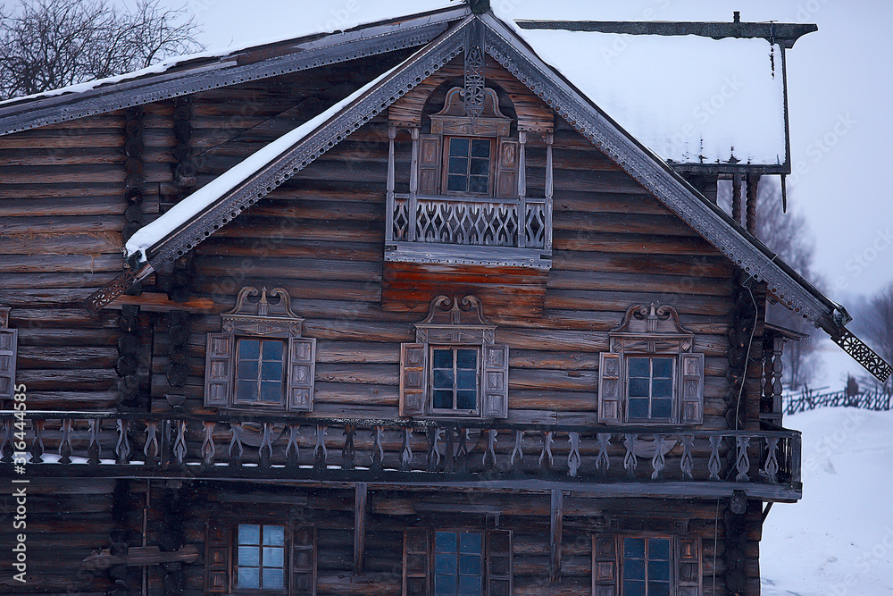 wooden houses in the Russian countryside / wooden architecture, Russian provincial landscape, winter view village in Russia