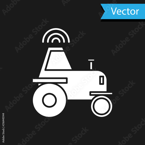 White Self driving wireless tractor on a smart farm icon isolated on black background. Smart agriculture implement element. Vector Illustration