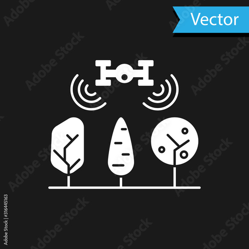 White Smart farm with drone control and tree icon isolated on black background. Innovation technology for agricultural company. Vector Illustration