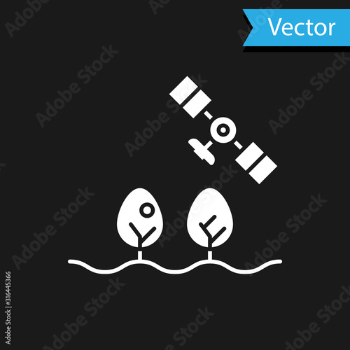 White Smart farm with drone control and tree icon isolated on black background. Innovation technology for agricultural company. Vector Illustration