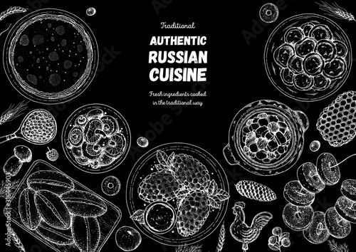 Russian cuisine top view frame. Food menu design elements. Traditional dishes. Russian food. Doodle collection. Vintage hand drawn sketch vector illustration. Retro menu background. Engraved style.