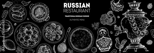 Russian cuisine top view frame. Food menu design elements. Traditional dishes. Russian food. Doodle collection. Vintage hand drawn sketch vector illustration. Menu background. Engraved style.