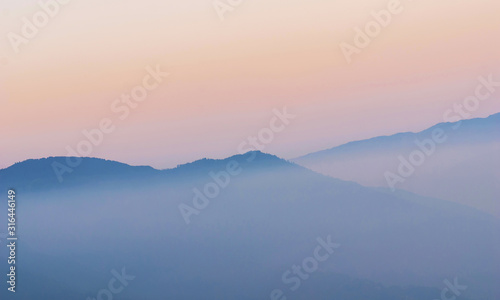 View of the mist-covered mountains.