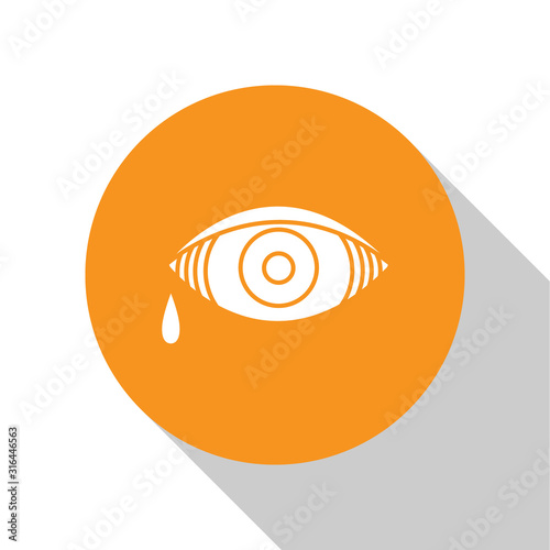 White Reddish eye due to viral, bacterial or allergic conjunctivitis icon isolated on white background. Orange circle button. Vector Illustration
