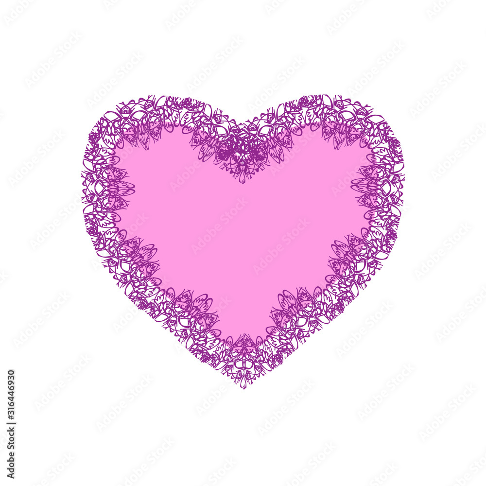 Pink lacy heart for Valentines day. Vector illustration on isolated background.