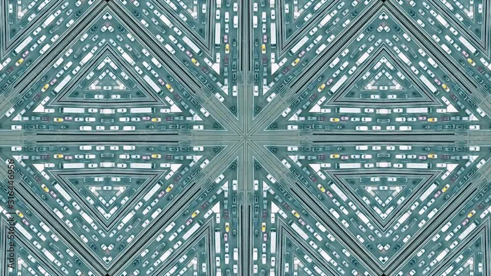 Aerial top down shot of a major city road traffic jam, kaleidoscopic effect