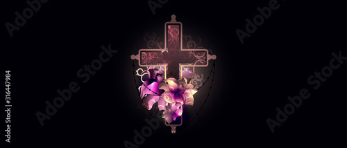 Vector illustration concept of the end of life death. Candles are burning and flowers are lying by the candles. Christian religion rite.