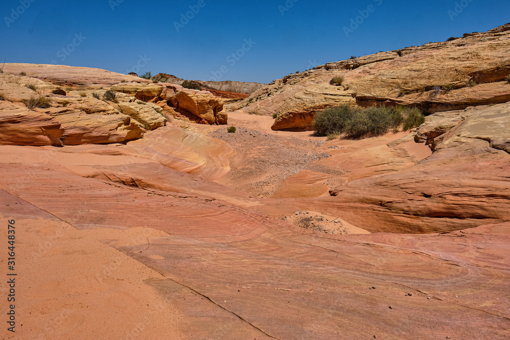 Dry gully in the Nevada desert surrounded by the colorful pink lined rocks