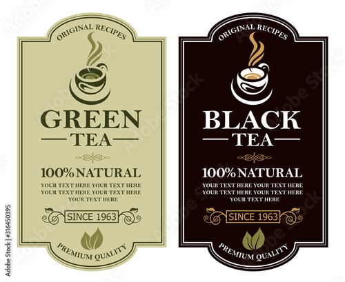 collection of green and black tea labels with cup