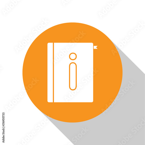 White User manual icon isolated on white background. User guide book. Instruction sign. Read before use. Orange circle button. Vector Illustration