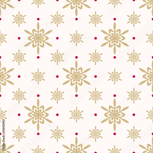 Golden geometric snowflakes pattern. Luxury vector Christmas seamless texture with small gold snowflakes and red dots on white backdrop. Winter holidays background. Repeat design for decor, gift paper