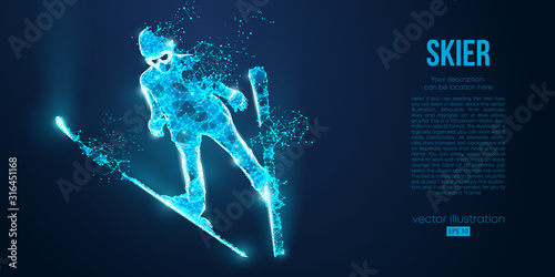 Abstract silhouette of a skier jumping from particles on blue background. All elements on a separate layers color can be changed to any other. Low poly neon wire outline geometric. Vector ski