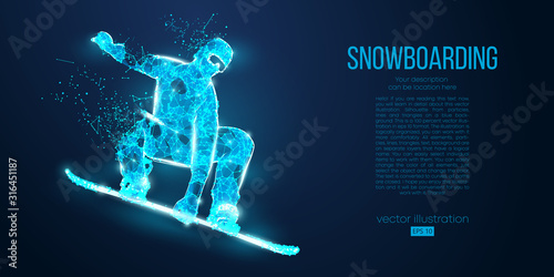 Abstract silhouette of a snowboarder jumping from particles on blue background. All elements on a separate layers color can be changed. Low poly neon wire outline geometric. Vector snowboarding