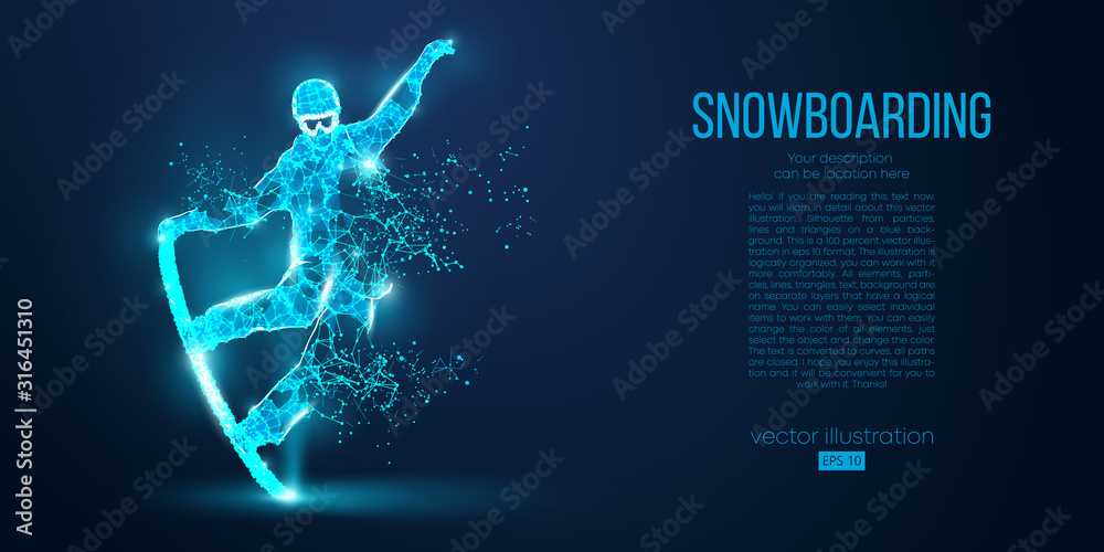 Abstract silhouette of a snowboarder jumping from particles on blue background. All elements on a separate layers color can be changed. Low poly neon wire outline geometric. Vector snowboarding