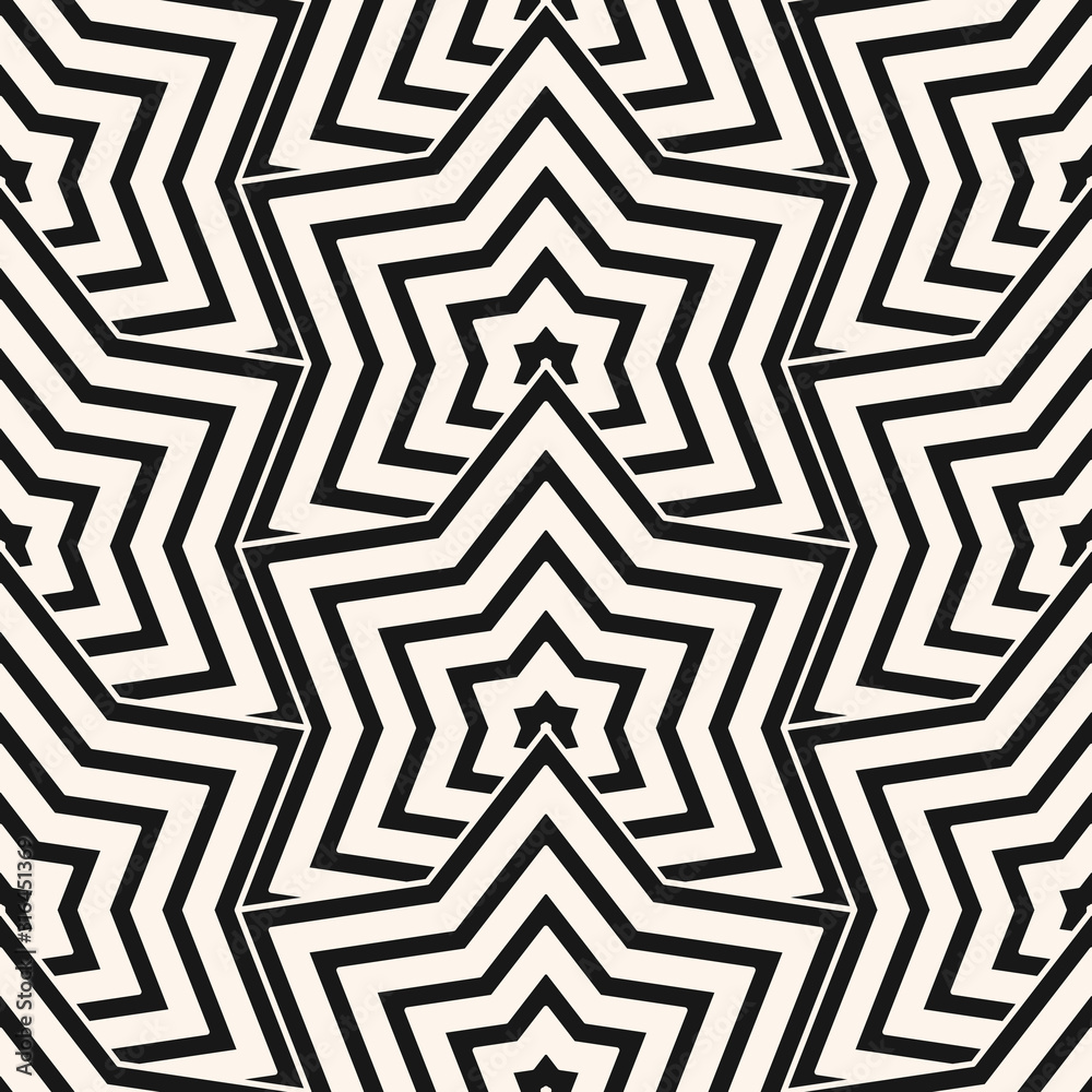 Vector monochrome geometric seamless pattern with stars, thin lines, grid. Simple black and white geometrical background. Abstract linear texture. Stylish modern repeat design for decor, print, wrap
