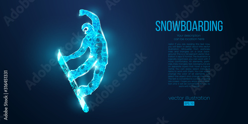 Abstract silhouette of a snowboarder jumping from particles on blue background. All elements on a separate layers color can be changed. Low poly neon wire outline geometric. Vector snowboarding