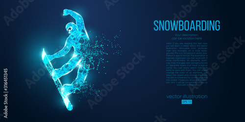 Abstract silhouette of a snowboarder jumping from particles on blue background. All elements on a separate layers color can be changed. Low poly neon wire outline geometric. Vector snowboarding