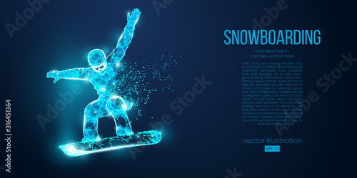 Abstract silhouette of a snowboarder jumping from particles on blue background. All elements on a separate layers color can be changed. Low poly neon wire outline geometric. Vector snowboarding