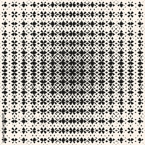 Vector abstract geometric seamless pattern with fading shapes, mesh, net. Radial halftone transition effect. Trendy black and white graphic background. Optical art texture. Modern monochrome design
