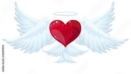 Vector red heart with wings. Vector flat design illustration.