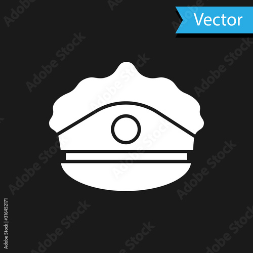 White Police cap with cockade icon isolated on black background. Police hat sign. Vector Illustration