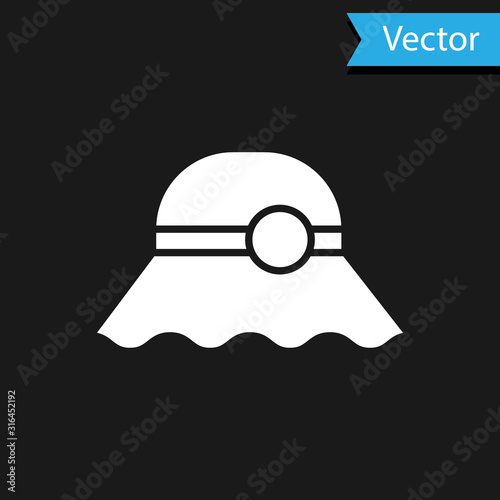 White Elegant women hat icon isolated on black background. Vector Illustration
