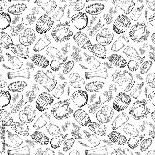 Seamless pattern of beer and fooelements,for wrapping paper, wallpaper, fabric pattern, backdrop, print, gift wrap, cover of notebook, envelope.Black and white doodle style. Handdrawn vector sketch. 